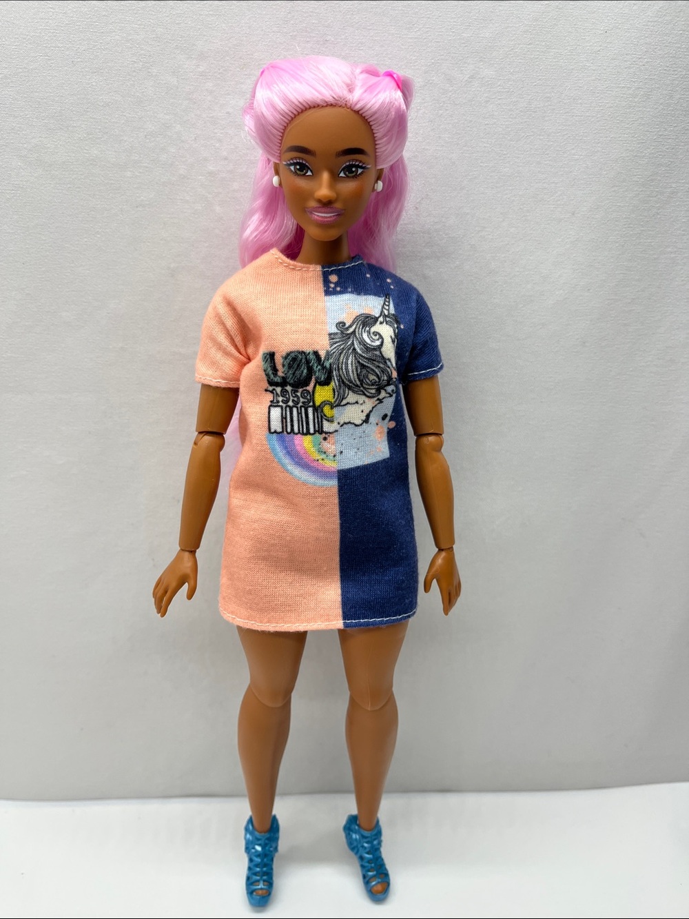 Barbie Delux with Peach and Navy Unicorn Graphic Doll Tee Dress